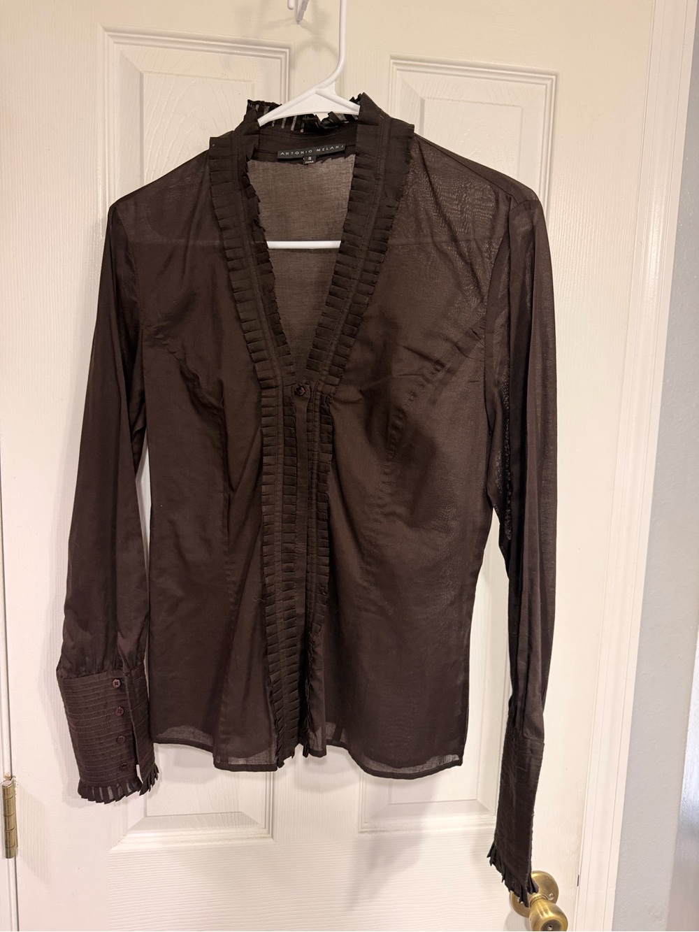 ANTONIO MELANI Brown Sheer Ruffle-Trim Long Sleeve Blouse